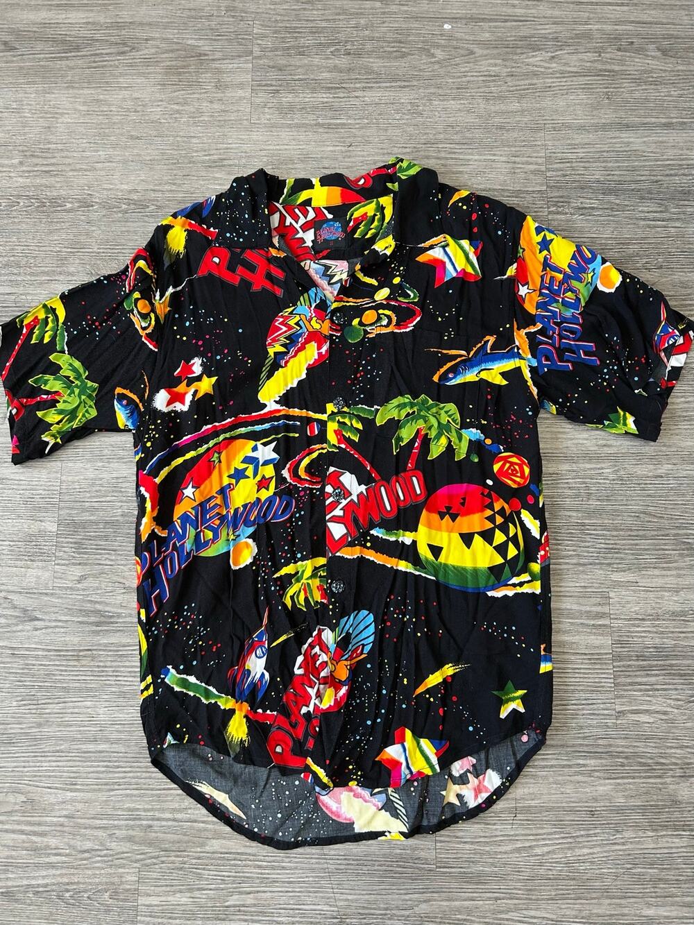 Vintage 90s Planet Hollywood All Over Print Shirt Mens Small Space Hawaiian AOP